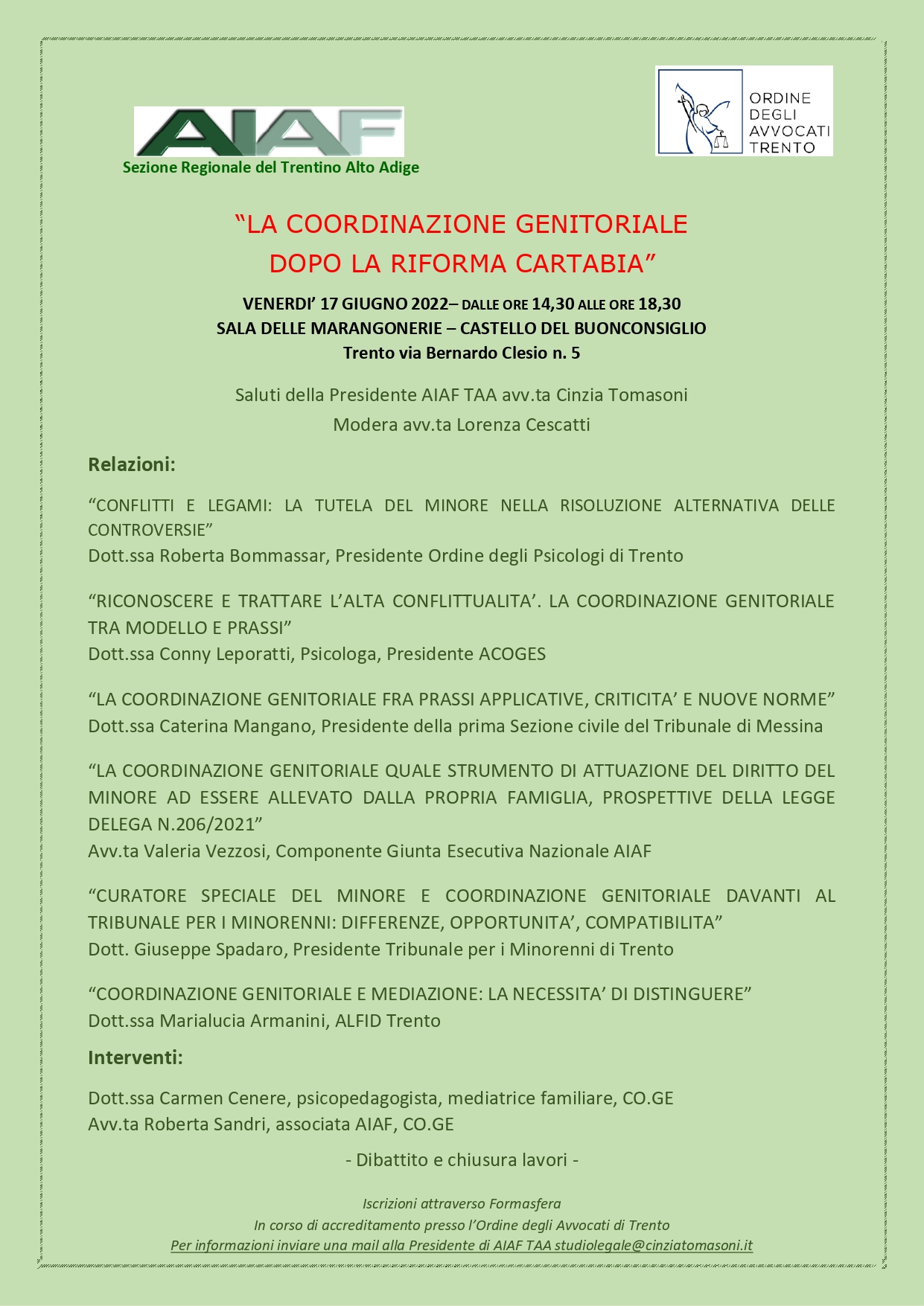 "La coordinazione genitoriale dopo la Riforma Cartabia", l'evento di AIAF TAA